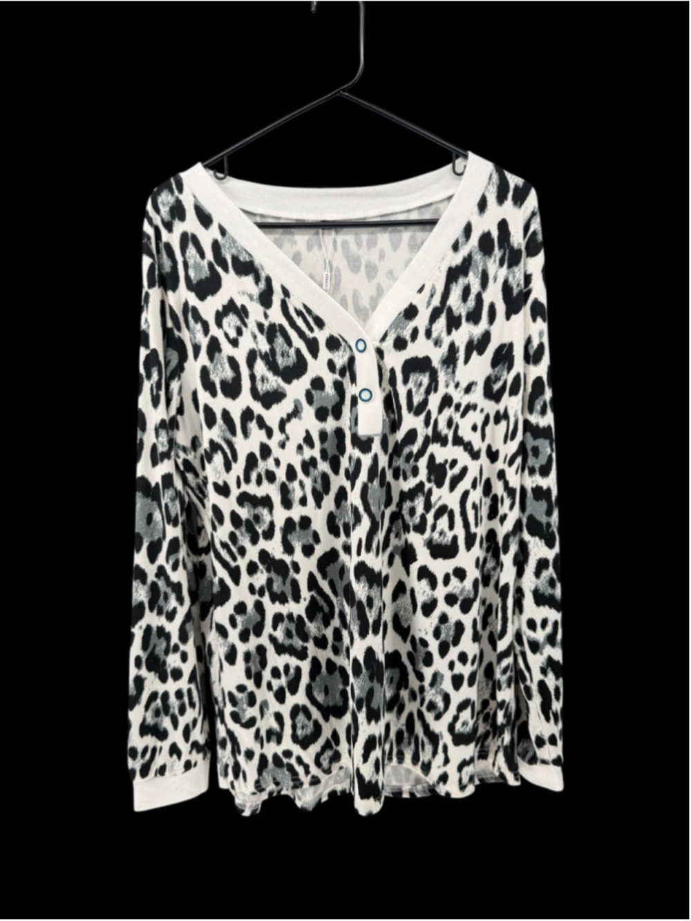 Women's LAISHEN Long Sleeve Leopard Print Henley Top, XXL, White and Black